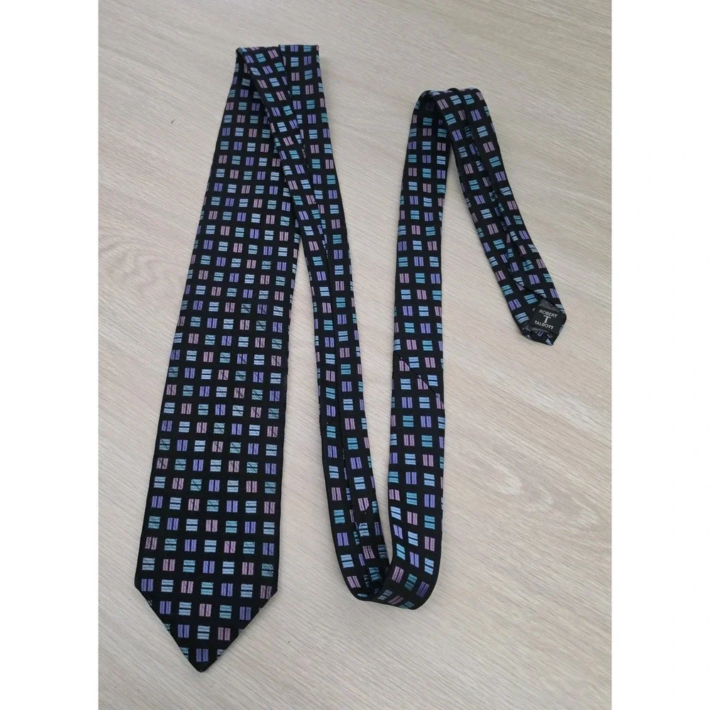Robert Talbott‎ Mens Necktie Black Geometric Square Pattern Pastel Silk Tie Neat